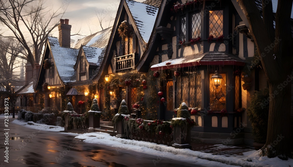 A view of a snow covered neighborhood in the winter with Christmas decorations.