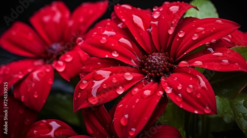 Image of red flowers with delicate raindrops.