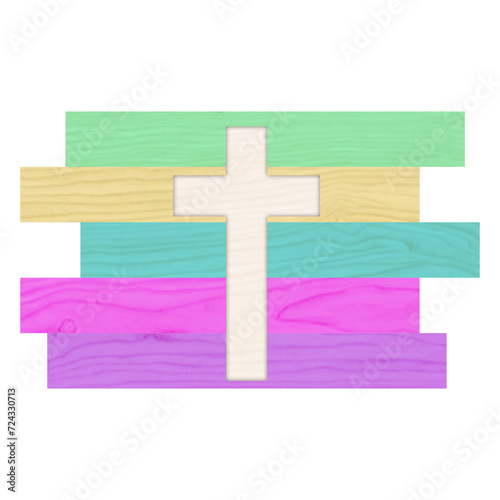 White wood cross against easter color yellow, green, blue, pink and purple wood backdrop.