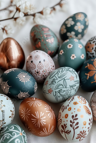 A Collection of Patterned Easter Eggs, Brown, Blue and Bronze. AI Generative.