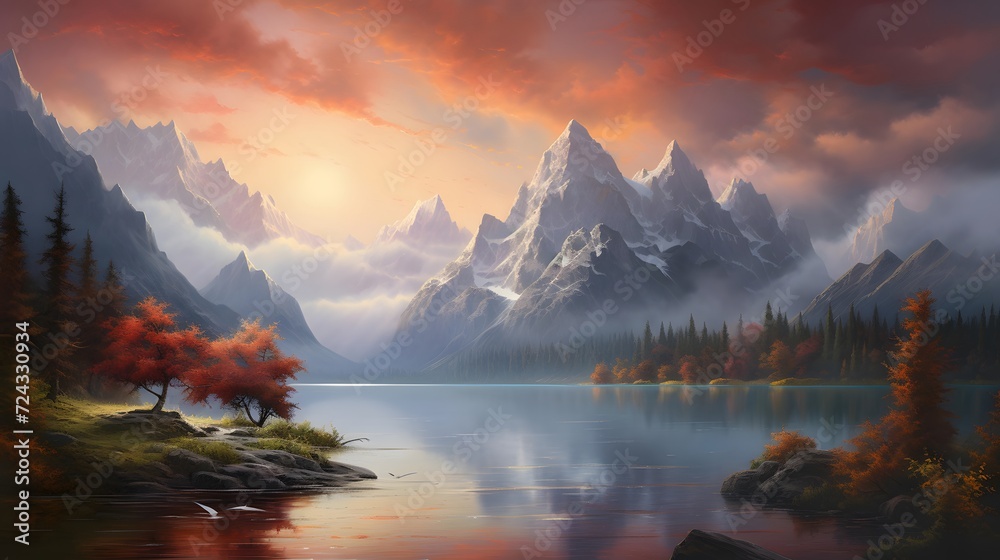 Beautiful panoramic view of the lake and mountains in autumn