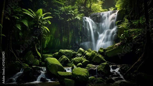 Tropical waterfall in rainforest. Panoramic view.
