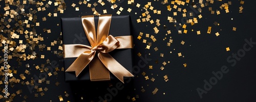 Flat lay black and gold ribbon gift box with confetti, merry christmas and happy holiday greeting card, frame banner © Gethuk_Studio