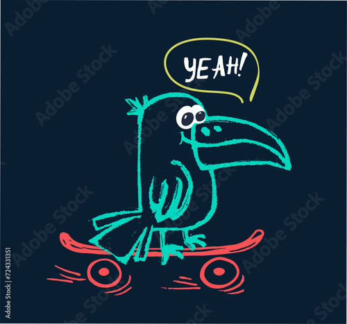 Toucan on skateboard funny cool summer t-shirt print design. Skater in skatepark. Slogan. Skate safari bird