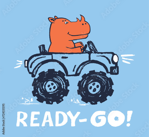 Rhinoceros monster, truck funny cool summer t-shirt print design. Racing car. Speed sport buggy