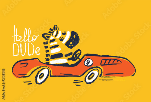 Zebra racing car funny cool summer t-shirt print design. Race speed sports cabriolet auto. Slogan. Drive safari