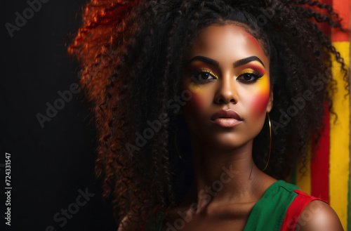 beautiful black woman with makeup red  yellow  green colors shadows and black mascara. Black history month portrait  banner with copy space