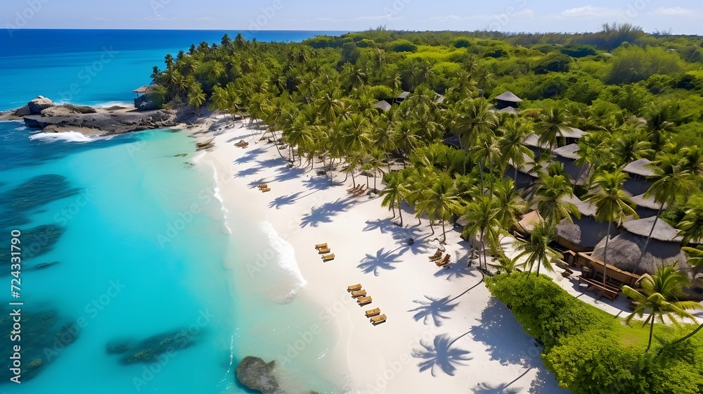 Aerial view of beautiful tropical island with palm trees and sand beach