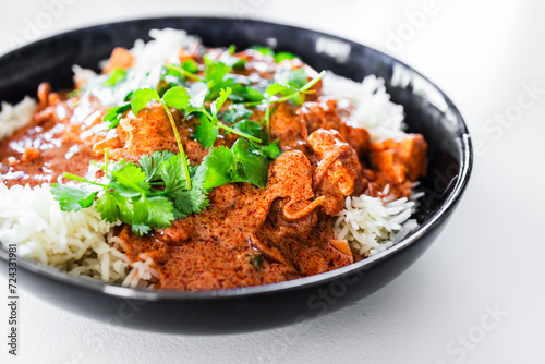 plant-based butterchicken with tofu chunks and white rice tooped with coriander photo