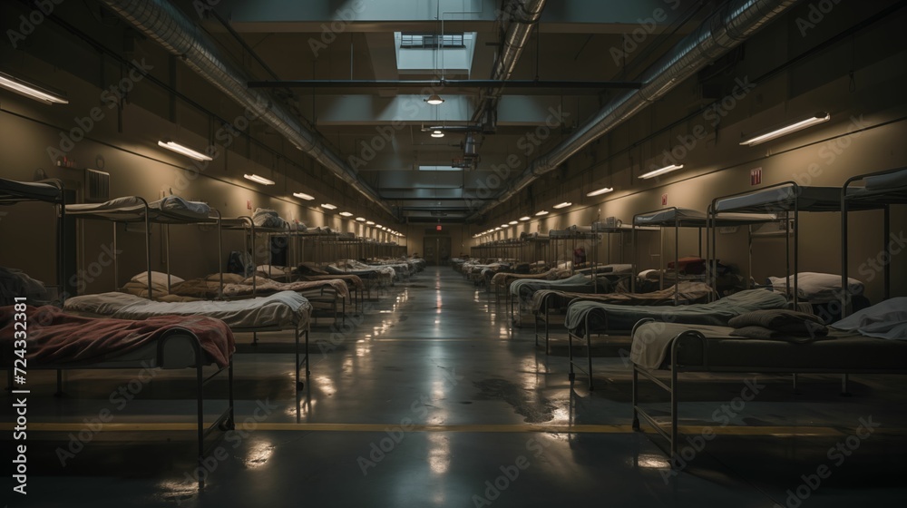 Image of rows of beds in a shelter.