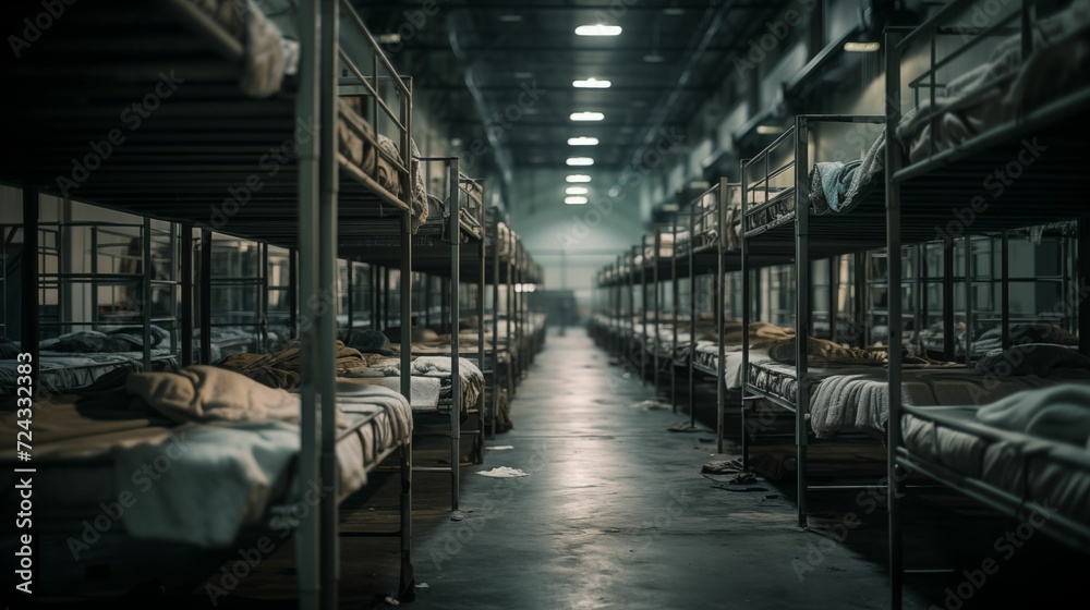 Image of rows of beds in a shelter.