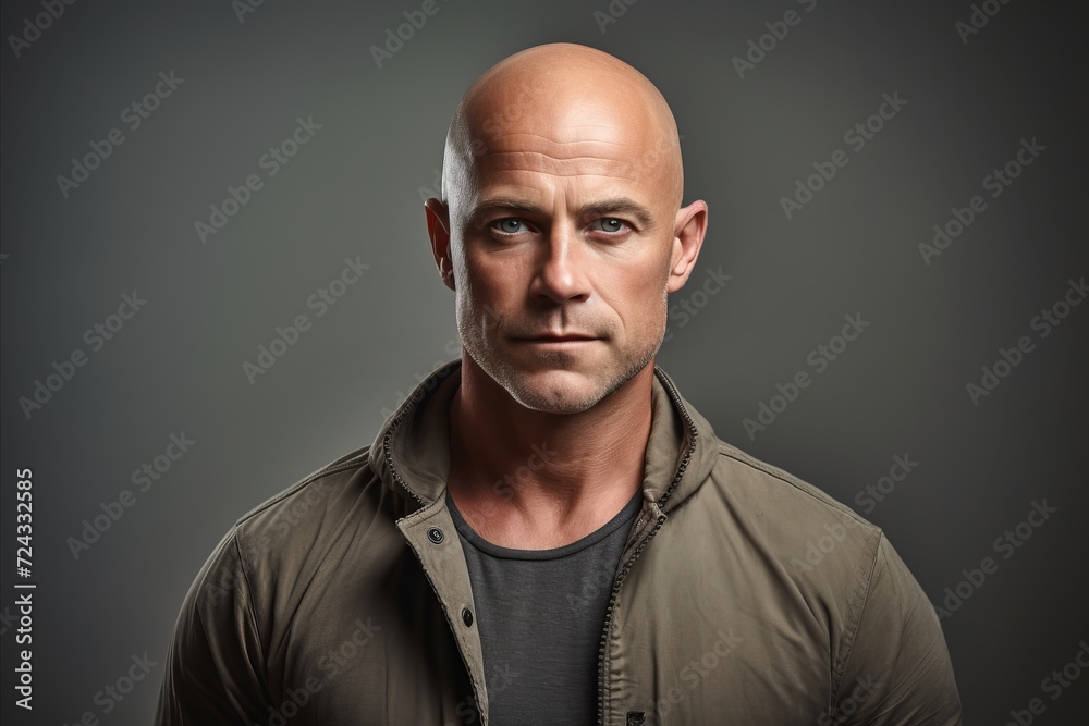 Portrait of a handsome bald man in a khaki shirt. Portrait of a handsome bald man in a khaki shirt.