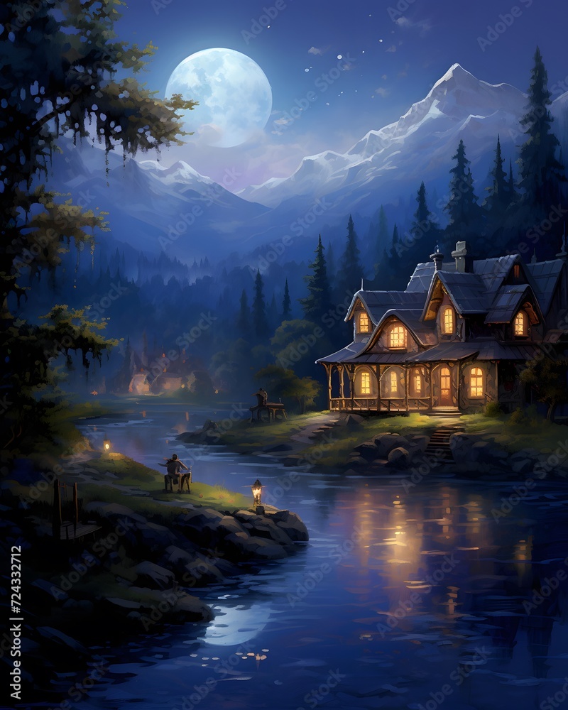 Cottage in the mountains on a background of the night sky and the moon