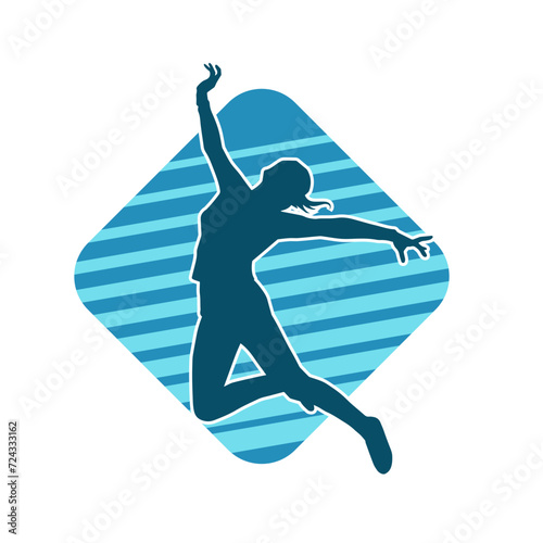 Silhouette of a happy woman jumping pose. Silhouette of a female happily jumps. 
