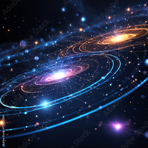 digital galaxy with swirling neon blue and orange colors. The galaxy is surrounded by a network of bright lines, and there are stars scattered
