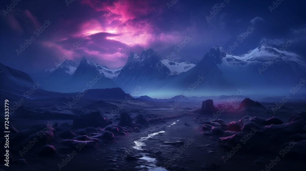 Naklejka premium Landscape mountains bathed in ethereal purple lights.