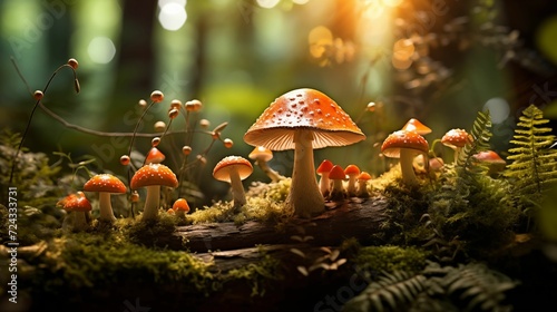 Images of many growing mushrooms in the forest.