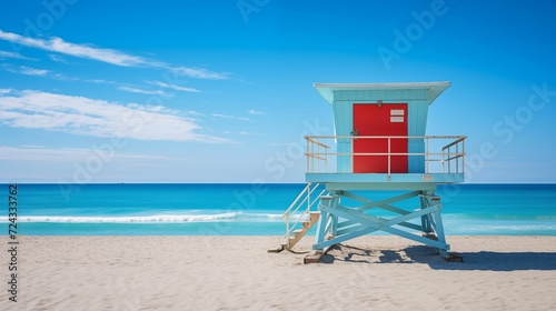 Lifeguard tower standing tall on a sandy beach.