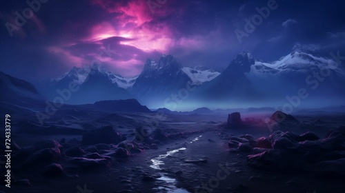 Landscape mountains bathed in ethereal purple lights.