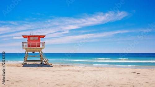 Lifeguard tower standing tall on a sandy beach. © kept