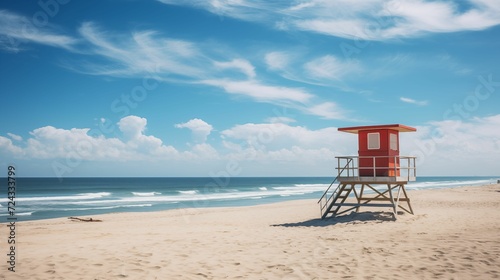 Lifeguard tower standing tall on a sandy beach. © kept
