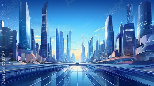 Futuristic city panorama with skyscrapers and road.