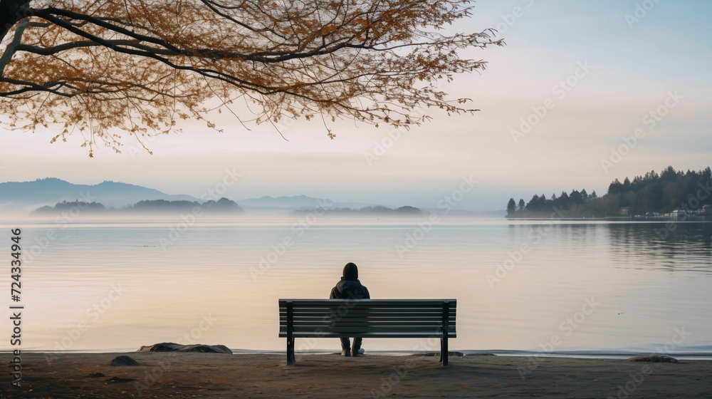 Person sitting on a bench positioned in front of a tranquil body of water.