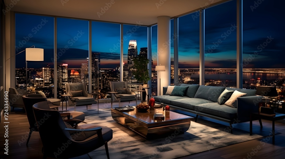 Luxury living room with a panoramic view of the city.