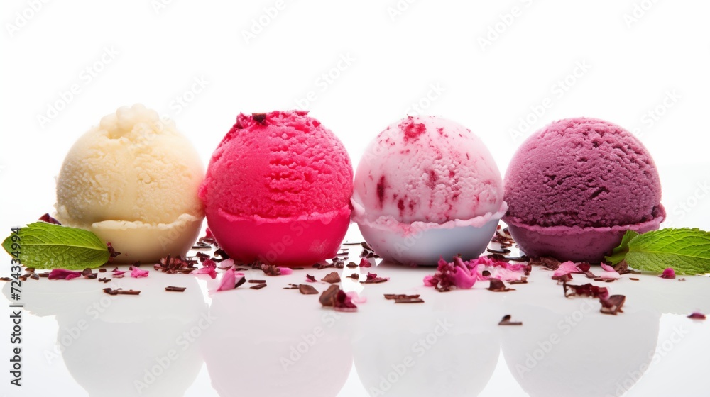 Set of four various ice cream balls. Set of four various ice cream balls.