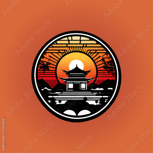 Logo design sunset behind temple 3 color