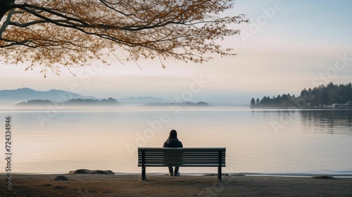 Person sitting on a bench positioned in front of a tranquil body of water.