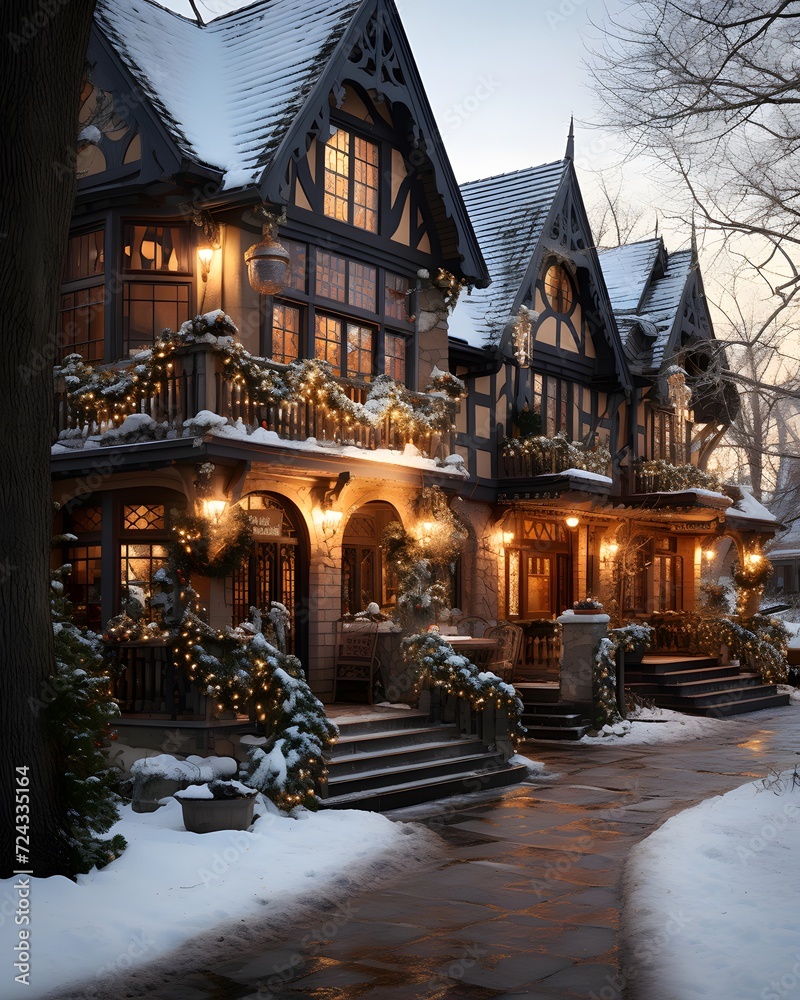 Beautiful old house decorated for Christmas and New Year in the city