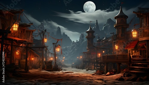 Old town at night with full moon in the sky, 3d illustration