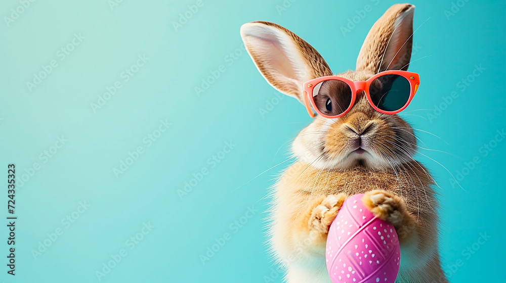 Rabbit with sunglasses and Easter eggs.