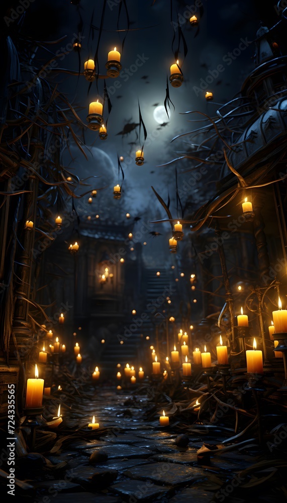Halloween background with candles in dark room. Halloween concept. 3D Rendering