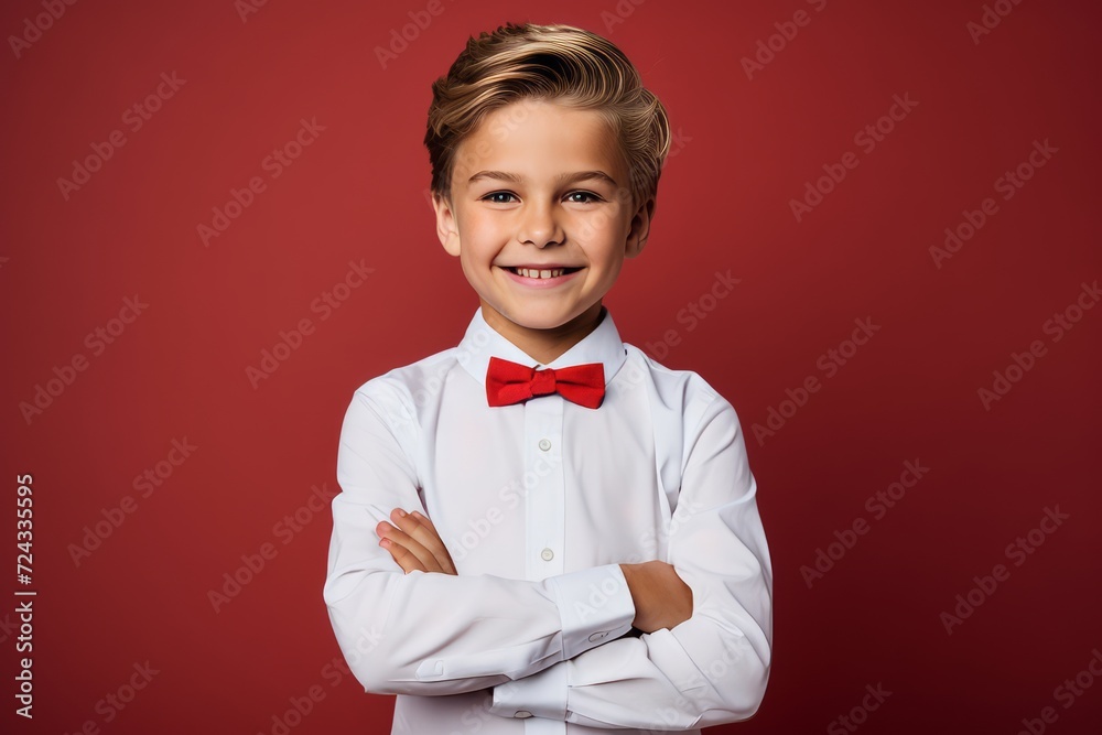 Cute little boy in a white shirt and red bow tie. Red background. Cute little boy in a white shirt and red bow tie. Red background.