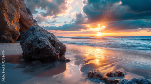 a beautiful inviting beach scene with sunset sky. AI generative