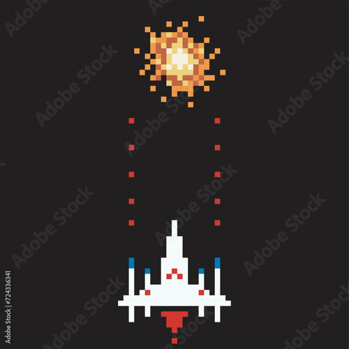 Spaceship shooting, pixel art illustration