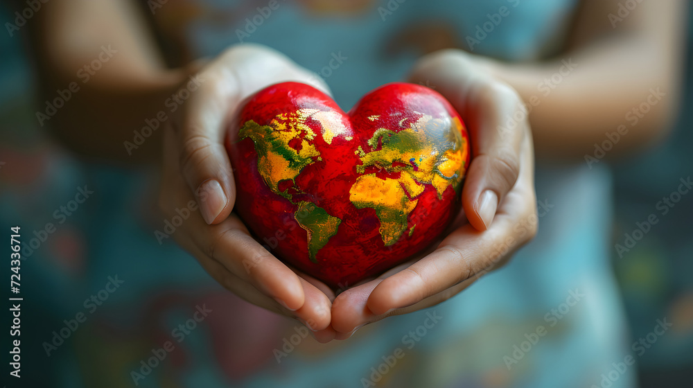 Woman's hands holding red heart with world map, symbolizing world heart day concept and global awareness for health and unity. Woman's hands holding red heart with world map, symbolizing world heart day concept and global awareness for health and unity.