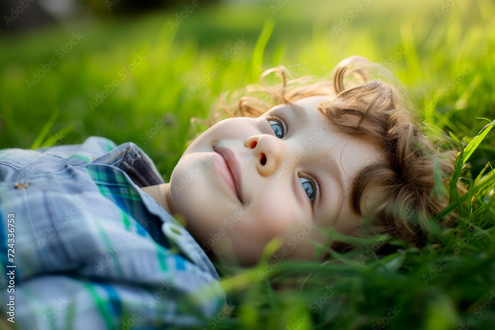 Cute a boy lying on green grass generated by AI Cute a boy lying on green grass generated by AI