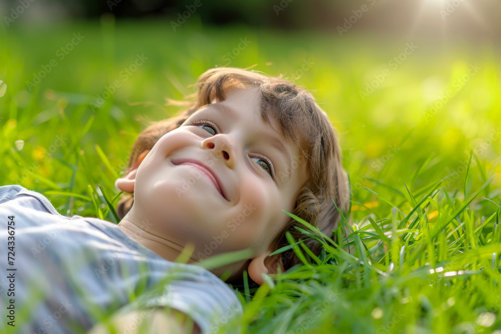 Cute a boy lying on green grass generated by AI Cute a boy lying on green grass generated by AI