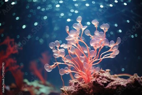 Aquatic Dance: Coral with swaying sea plants and dancing bokeh lights.