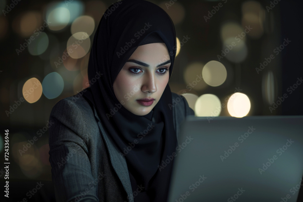 Arab woman works at a laptop in a cafe, Generative AI Arab woman works at a laptop in a cafe, Generative AI