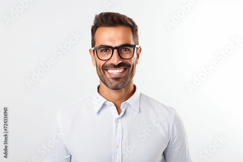 Portrait of happy young man in eyeglasses over white background