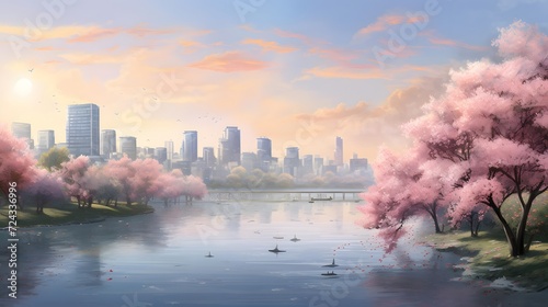 Cherry blossoms and cityscape at sunset, panoramic view