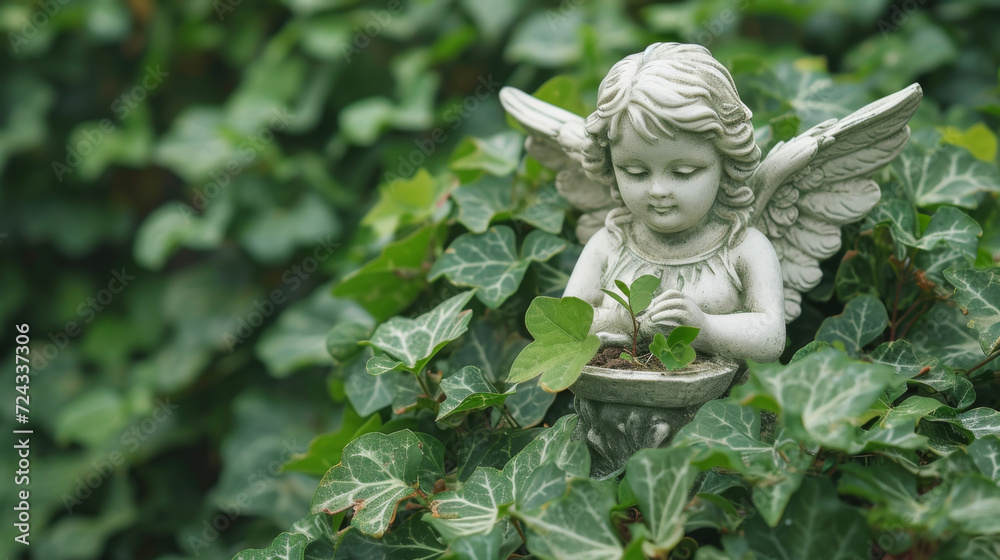 A nurturing angel surrounded by lush greenery and holding a seedling symbolizing the growth and stability of earth. A nurturing angel surrounded by lush greenery and holding a seedling symbolizing the growth and stability of earth.