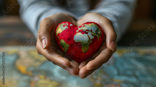 A woman's hands holding a red heart with a world map on it, representing World Heart Day concept.