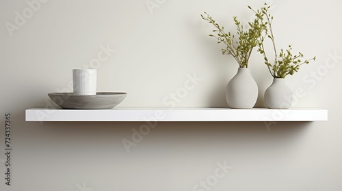 Wooden shelf adorns a pristine white wall.