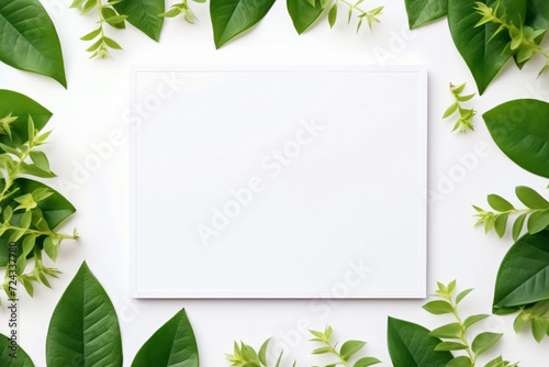 Photo creative layout made of green leaves with paper
