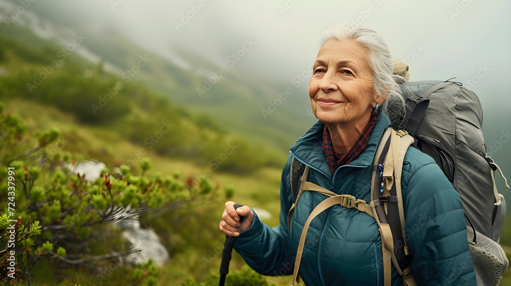 Energetic senior woman hiking in the wilderness on an overcast day.